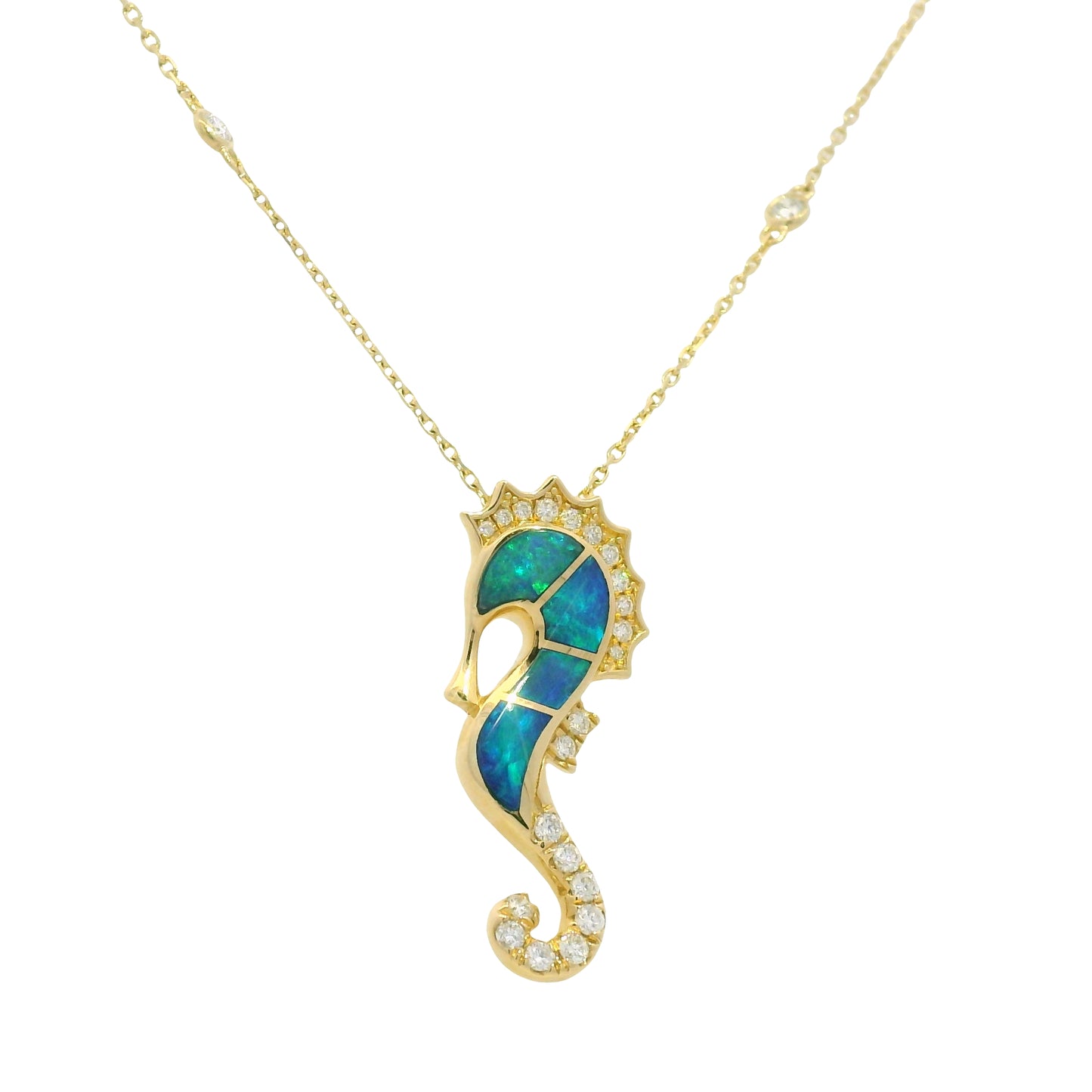 14K Yellow Gold Opal & Diamond Seahorse Pendant Diamonds By The Yard Necklace