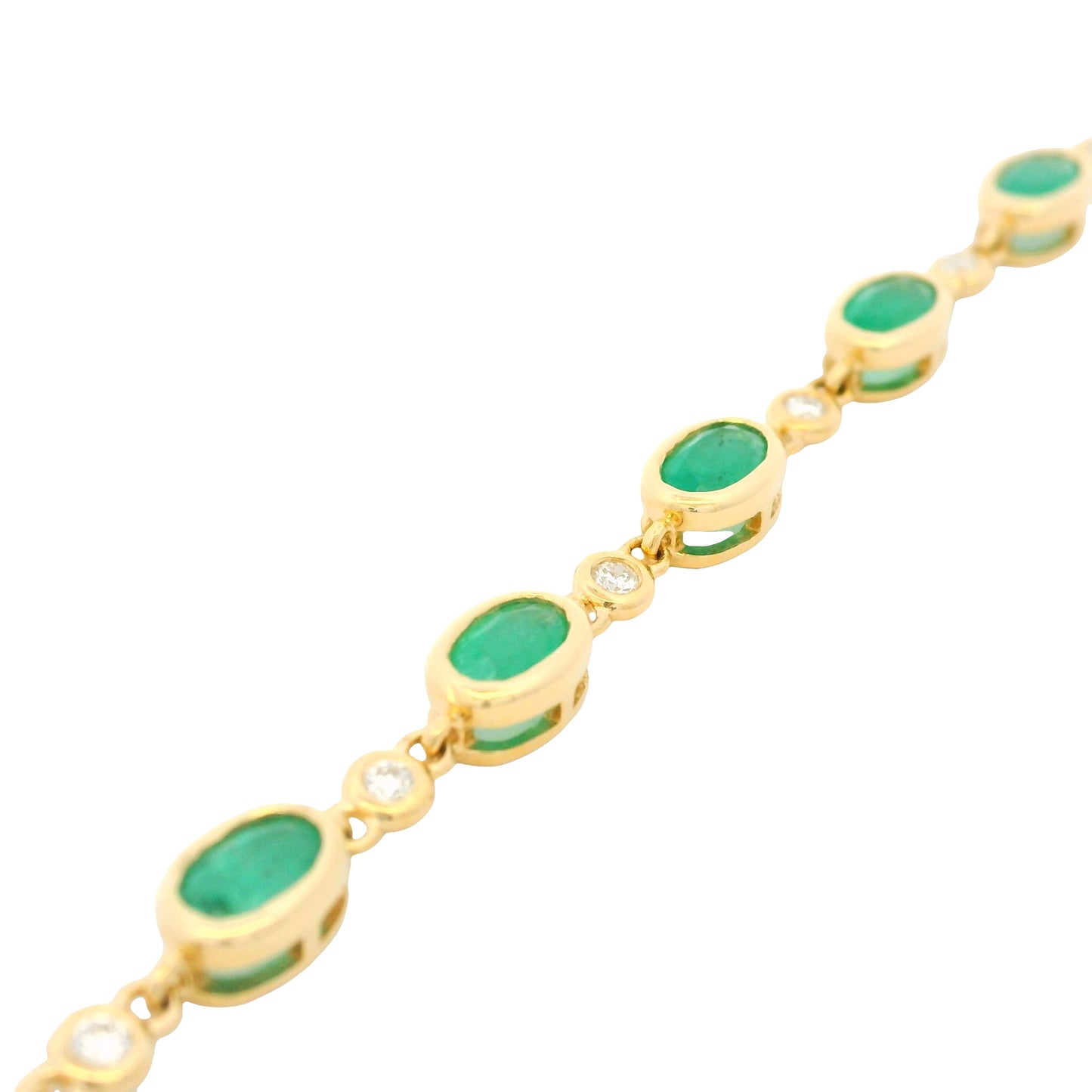 18K Yellow Gold Natural Oval Emerald & Diamond Bezel Set Chain Bracelet