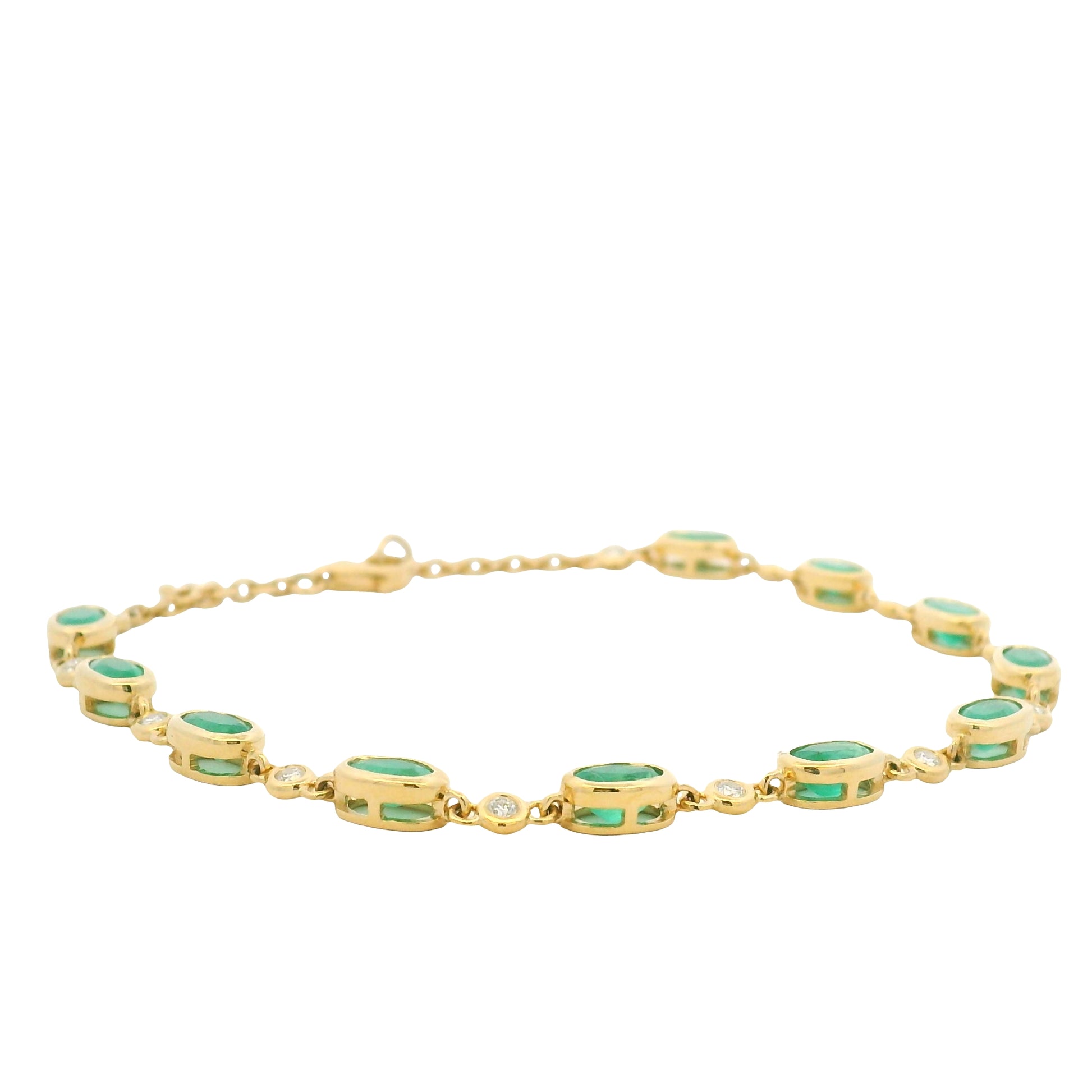 18K Yellow Gold Natural Oval Emerald & Diamond Bezel Set Chain Bracelet