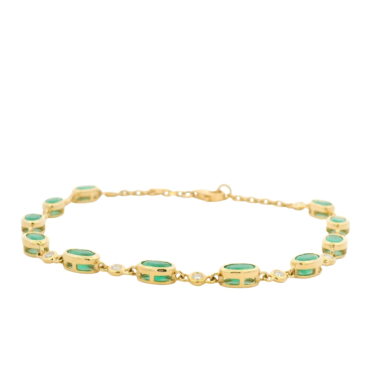 18K Yellow Gold Natural Oval Emerald & Diamond Bezel Set Chain Bracelet