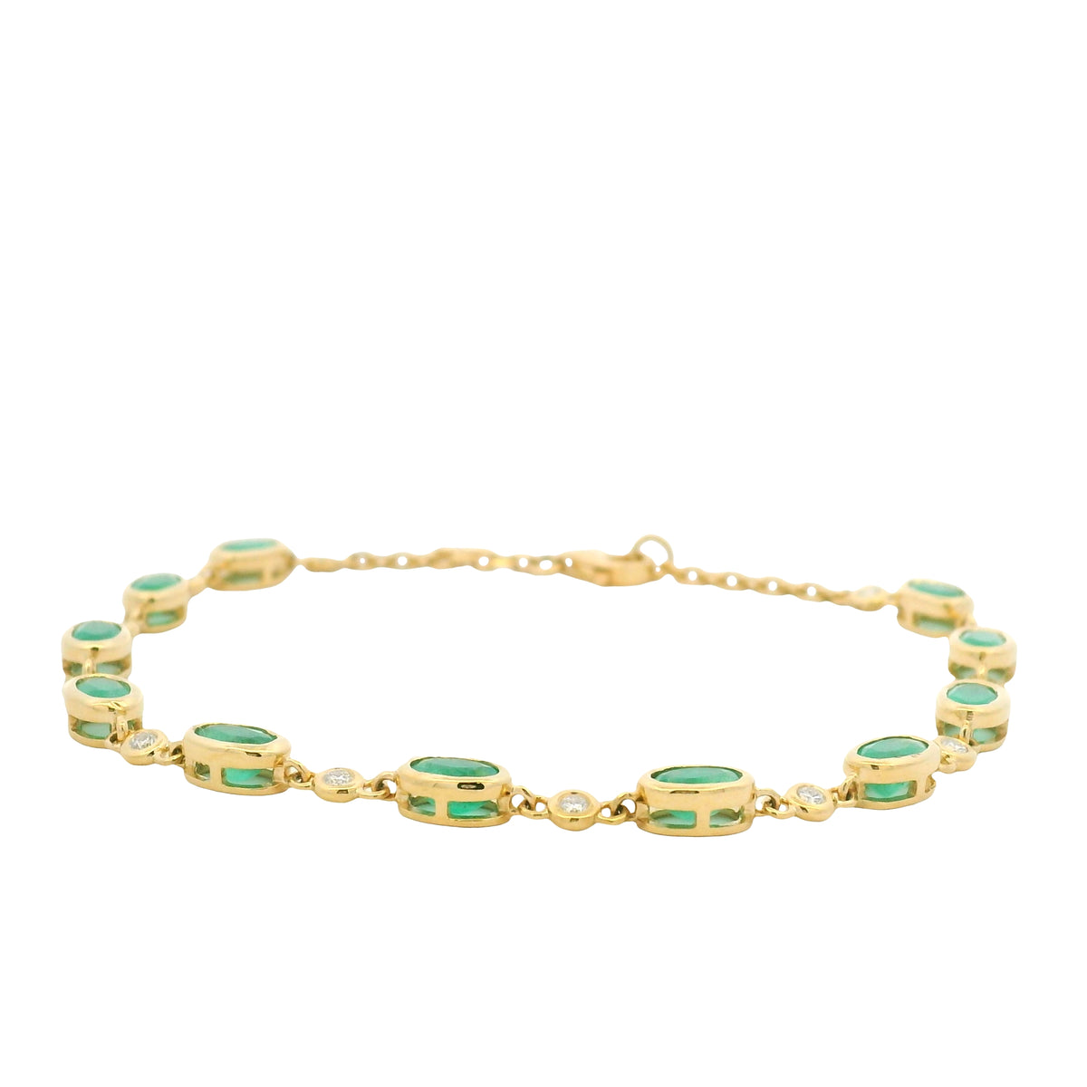 18K Yellow Gold Natural Oval Emerald & Diamond Bezel Set Chain Bracelet