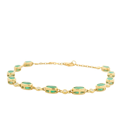 18K Yellow Gold Natural Oval Emerald & Diamond Bezel Set Chain Bracelet