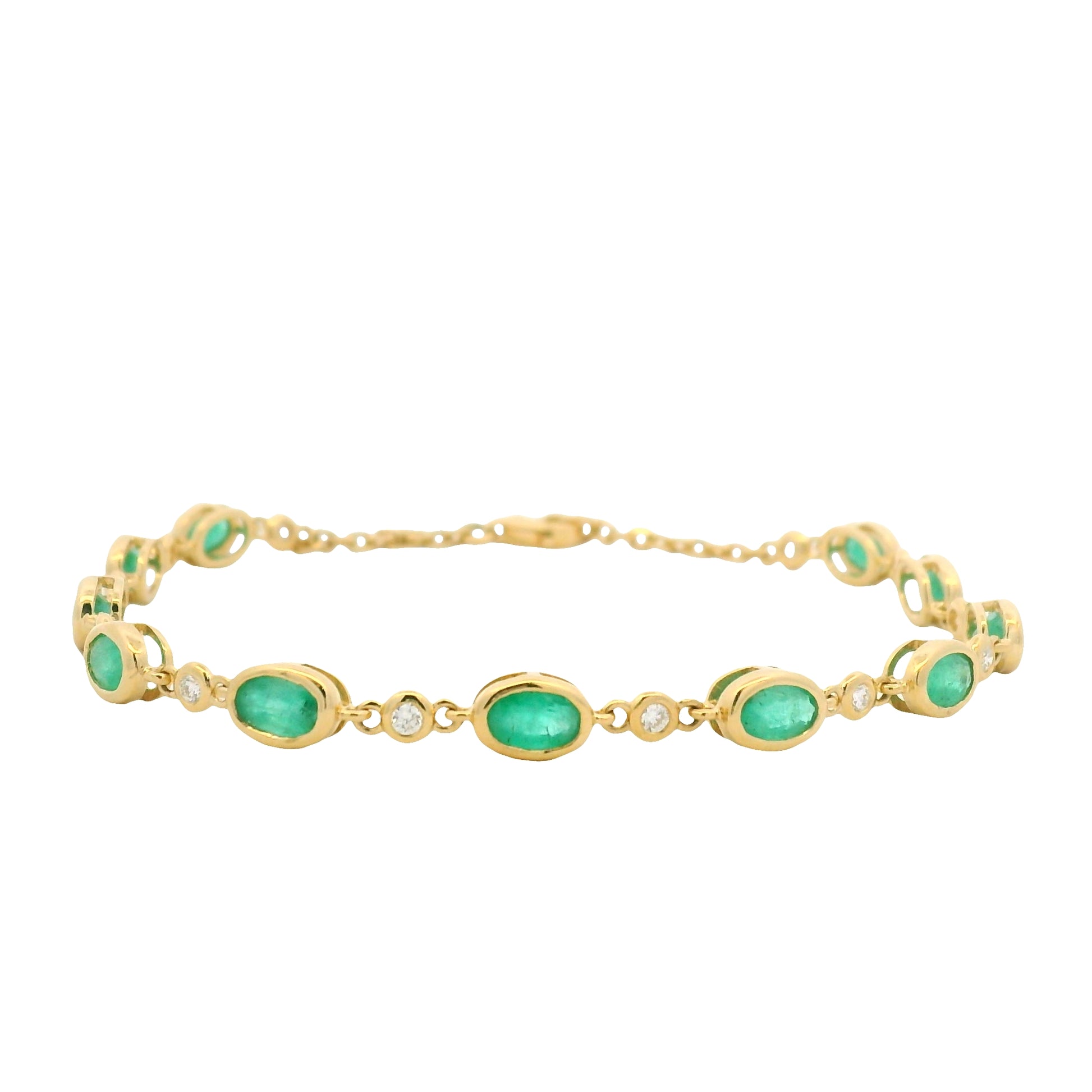 18K Yellow Gold Natural Oval Emerald & Diamond Bezel Set Chain Bracelet