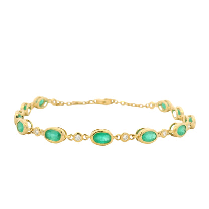 18K Yellow Gold Natural Oval Emerald & Diamond Bezel Set Chain Bracelet