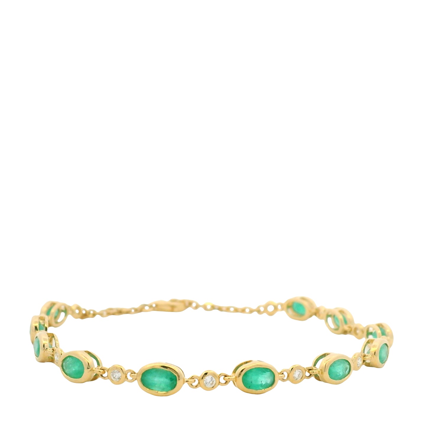 18K Yellow Gold Natural Oval Emerald & Diamond Bezel Set Chain Bracelet