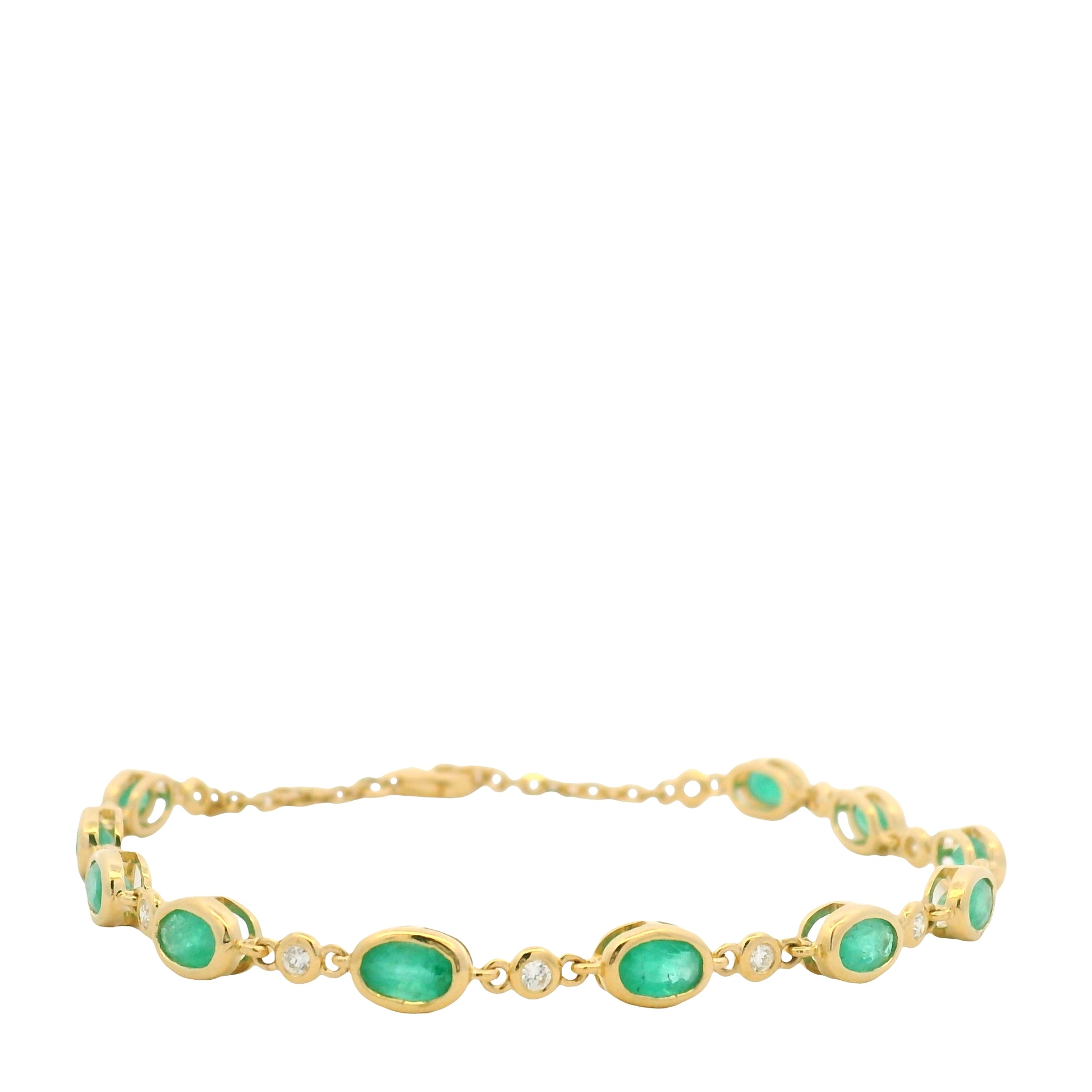 18K Yellow Gold Natural Oval Emerald & Diamond Bezel Set Chain Bracelet
