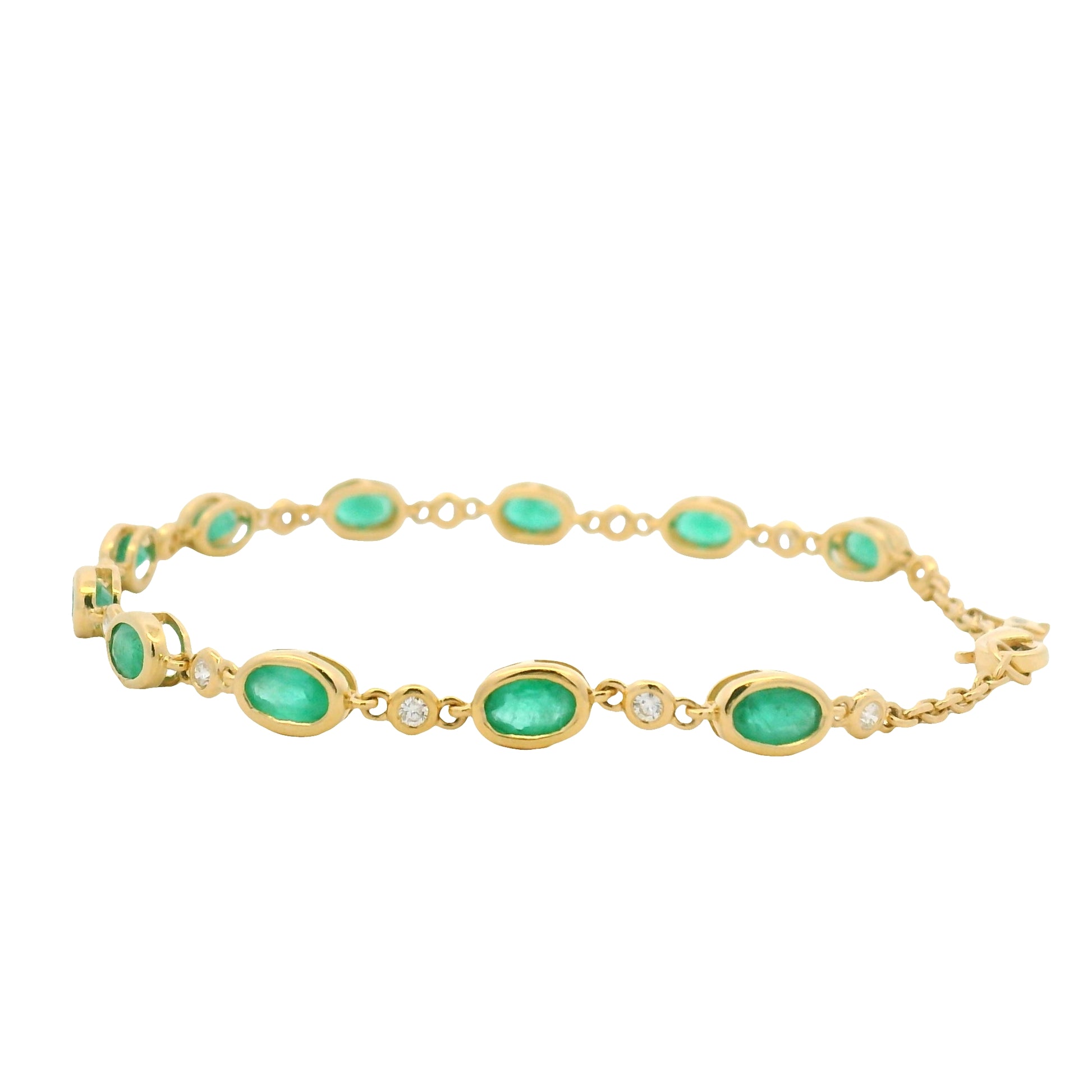 18K Yellow Gold Natural Oval Emerald & Diamond Bezel Set Chain Bracelet