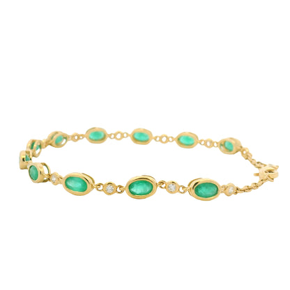 18K Yellow Gold Natural Oval Emerald & Diamond Bezel Set Chain Bracelet