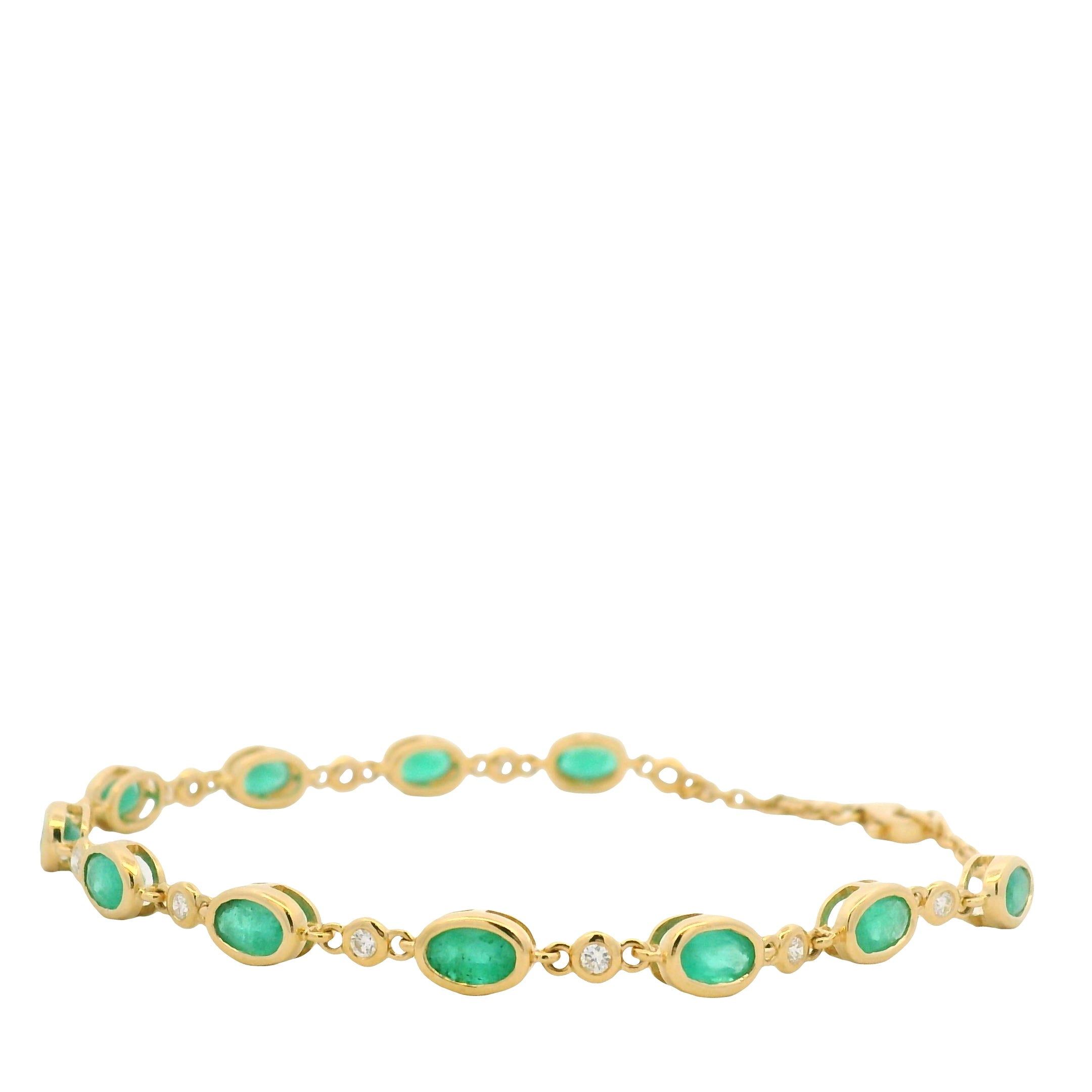 18K Yellow Gold Natural Oval Emerald & Diamond Bezel Set Chain Bracelet