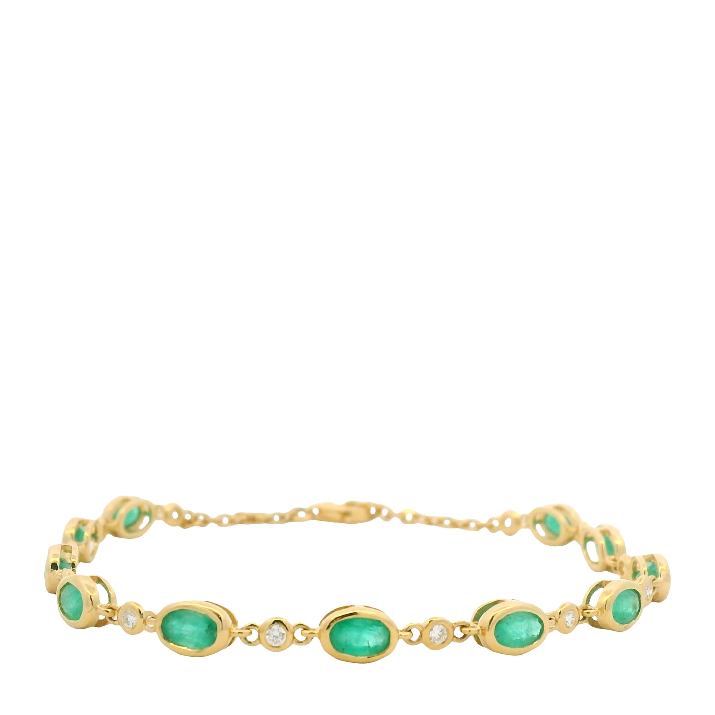 18K Yellow Gold Natural Oval Emerald & Diamond Bezel Set Chain Bracelet