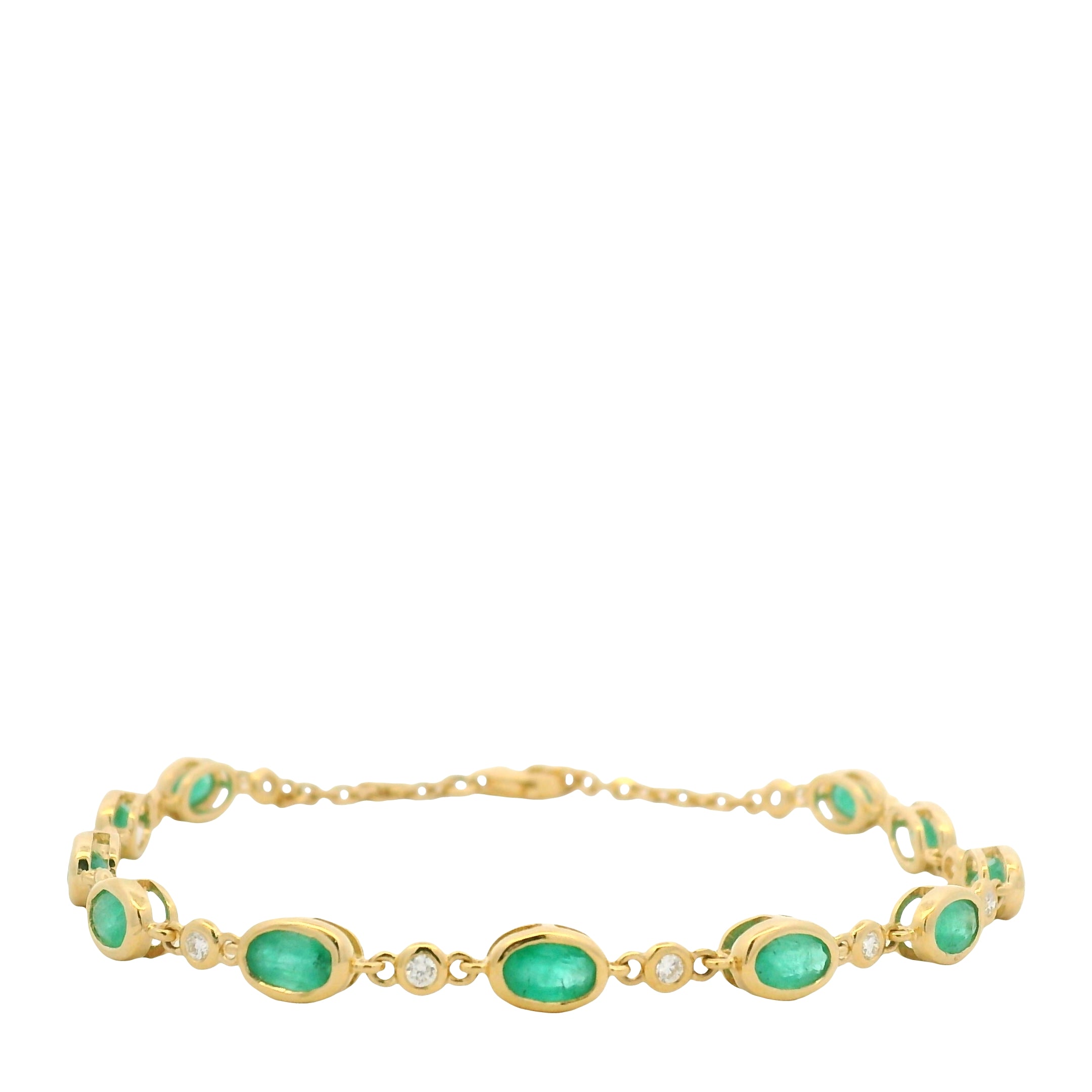 18K Yellow Gold Natural Oval Emerald & Diamond Bezel Set Chain Bracelet