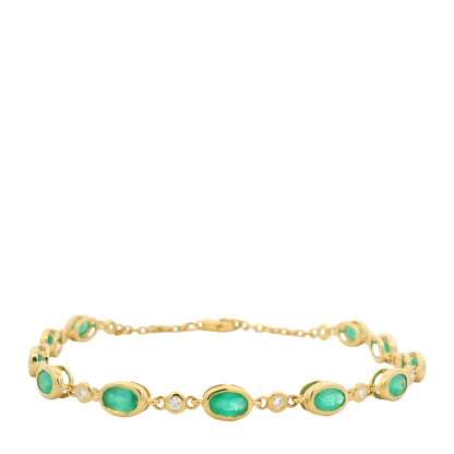 18K Yellow Gold Natural Oval Emerald & Diamond Bezel Set Chain Bracelet