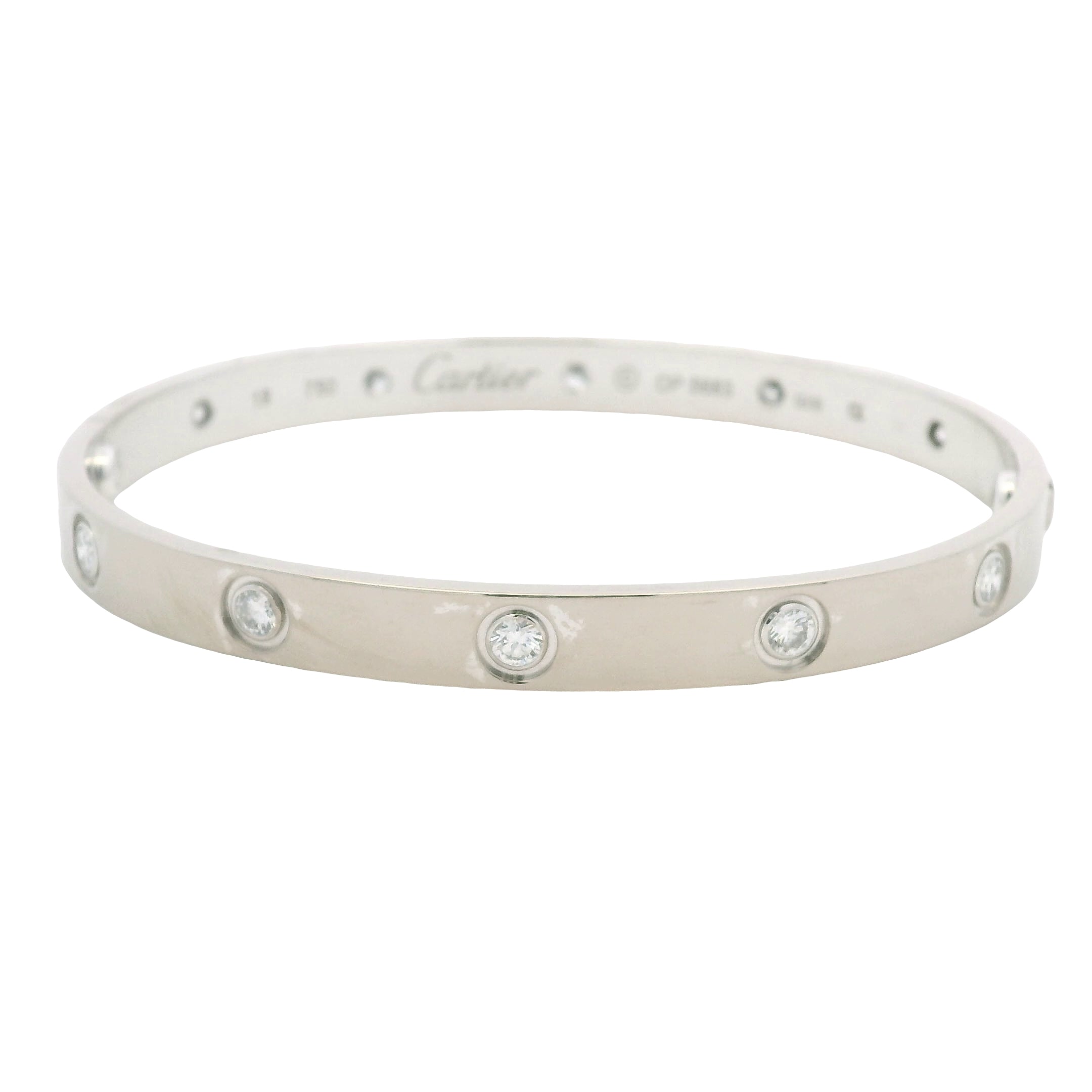 Cartier LOVE 18k White Gold Classic Model 10 Diamond Size 18 Bangle Bracelet