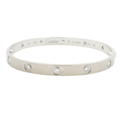 Cartier LOVE 18k White Gold Classic Model 10 Diamond Size 18 Bangle Bracelet