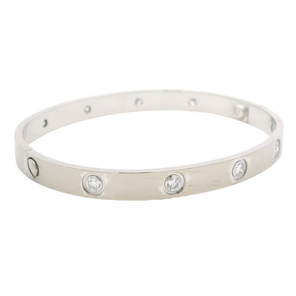 Cartier LOVE 18k White Gold Classic Model 10 Diamond Size 18 Bangle Bracelet