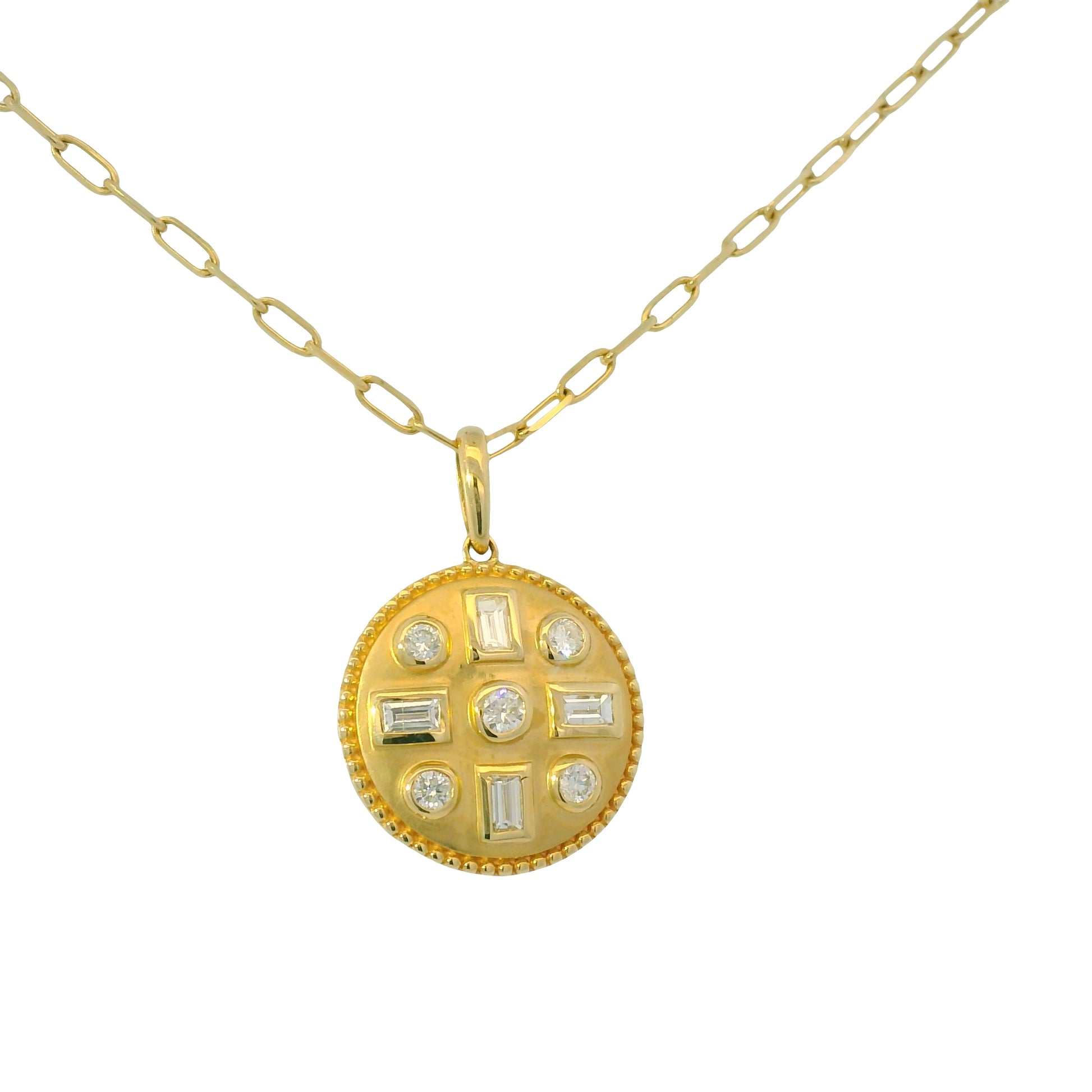 14K Yellow Gold Natural Round& Baguette Satin Finished Disk Pendant Necklace
