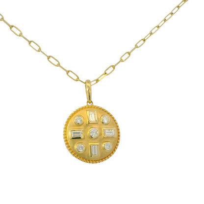 14K Yellow Gold Natural Round& Baguette Satin Finished Disk Pendant Necklace