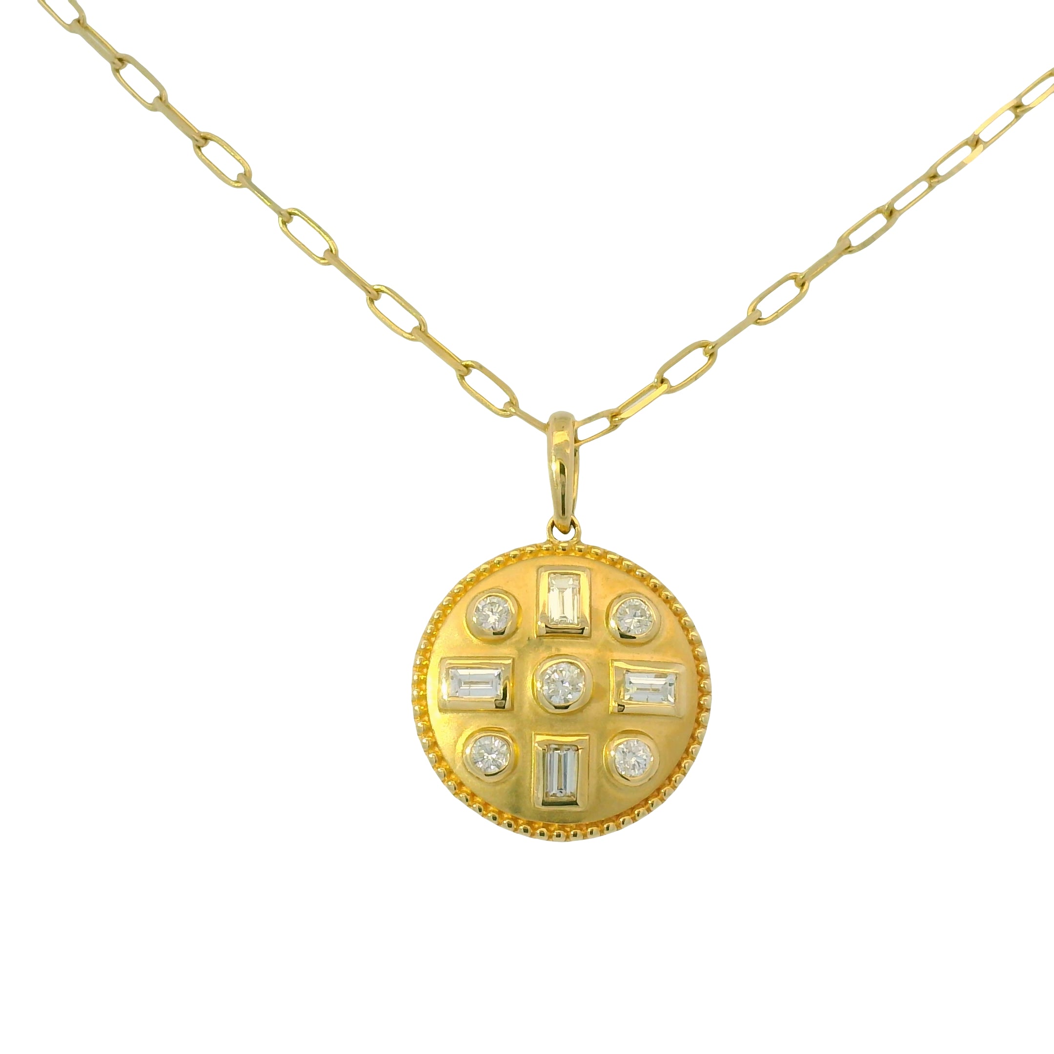 14K Yellow Gold Natural Round& Baguette Satin Finished Disk Pendant Necklace