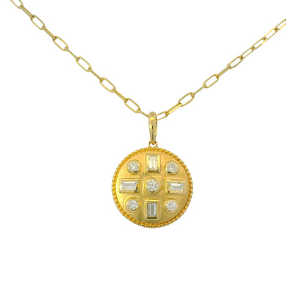 14K Yellow Gold Natural Round& Baguette Satin Finished Disk Pendant Necklace