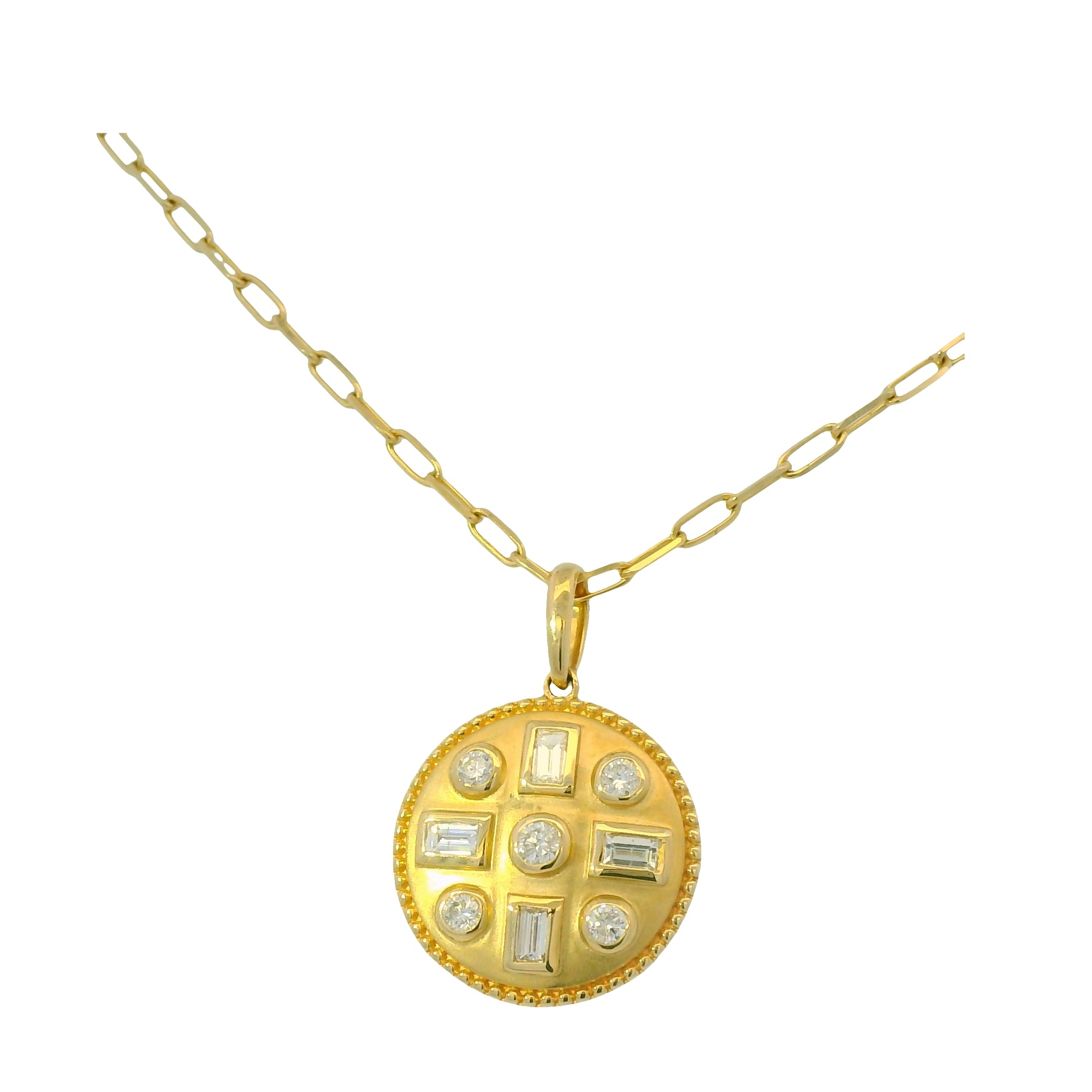 14K Yellow Gold Natural Round& Baguette Satin Finished Disk Pendant Necklace