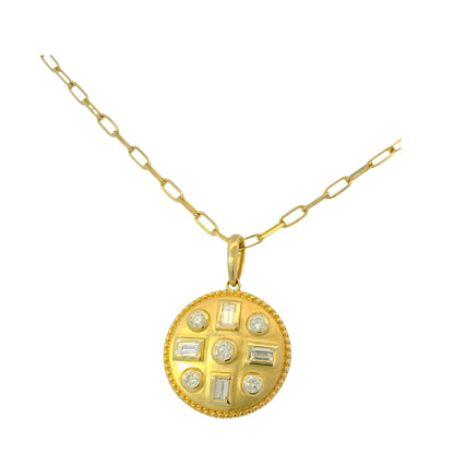 14K Yellow Gold Natural Round& Baguette Satin Finished Disk Pendant Necklace