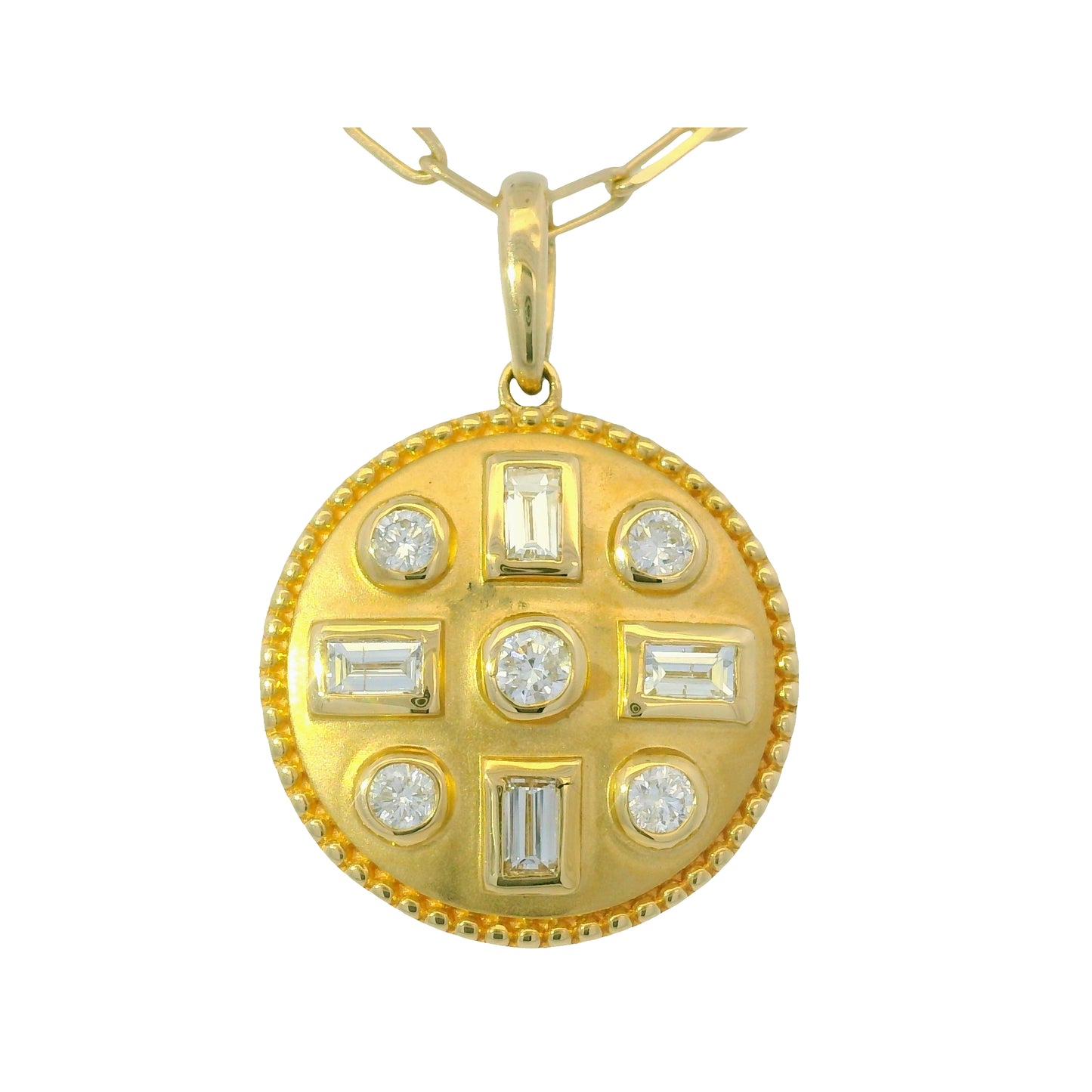 14K Yellow Gold Natural Round& Baguette Satin Finished Disk Pendant Necklace