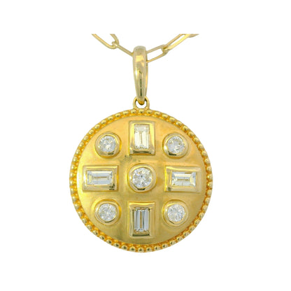 14K Yellow Gold Natural Round& Baguette Satin Finished Disk Pendant Necklace