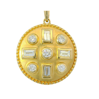 14K Yellow Gold Natural Round& Baguette Satin Finished Disk Pendant Necklace