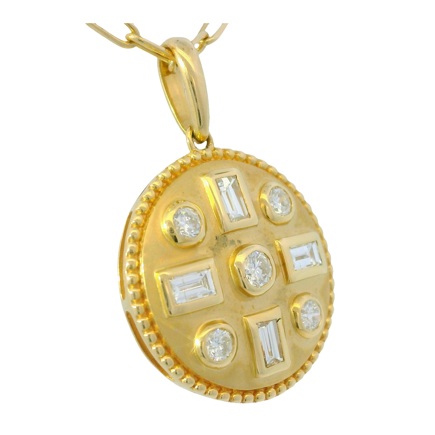 14K Yellow Gold Natural Round& Baguette Satin Finished Disk Pendant Necklace