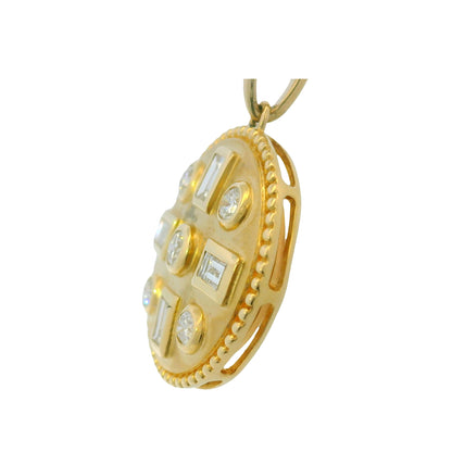 14K Yellow Gold Natural Round& Baguette Satin Finished Disk Pendant Necklace