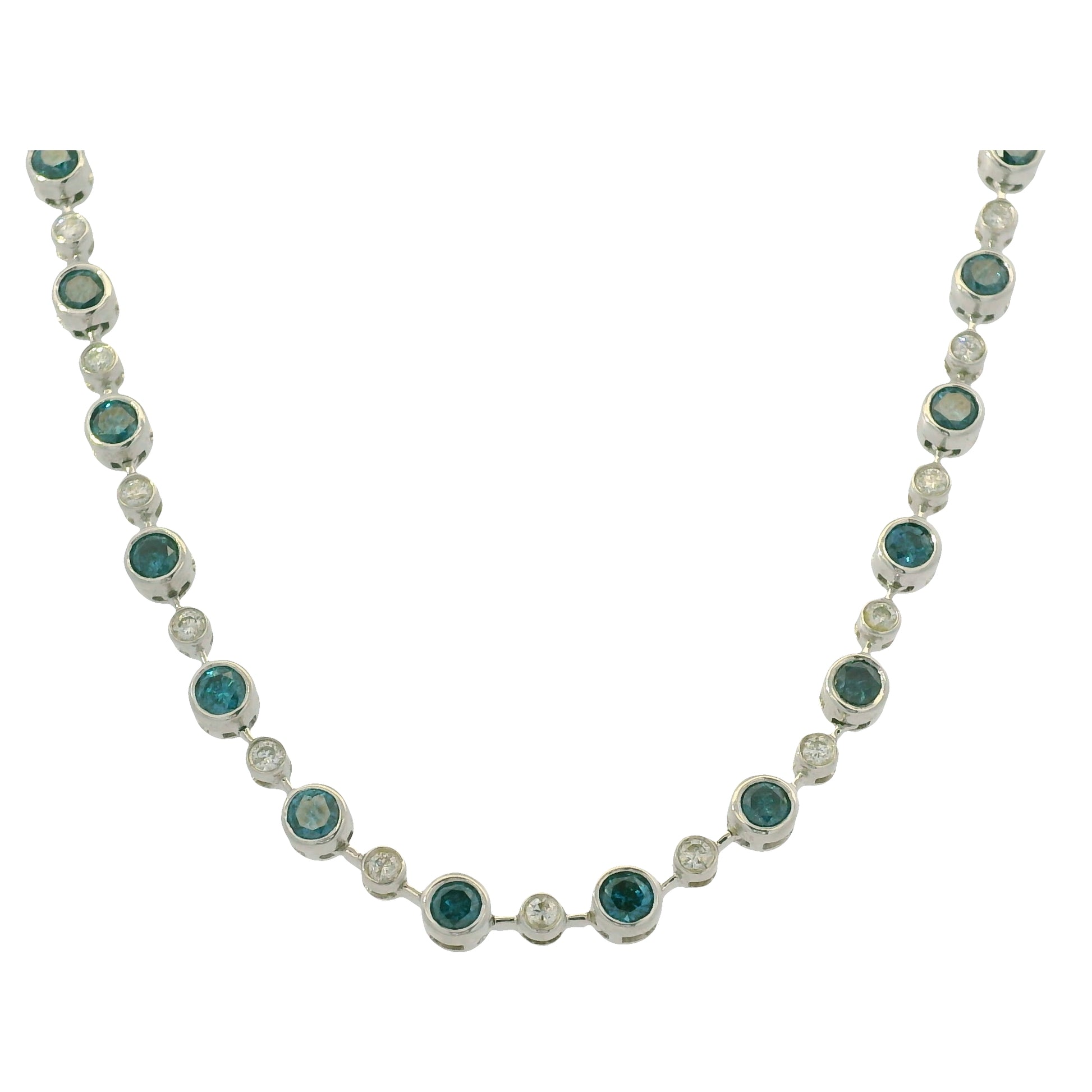 14K White Gold Natural 6.98 Carats Blue Irradiated & White Diamond Necklace