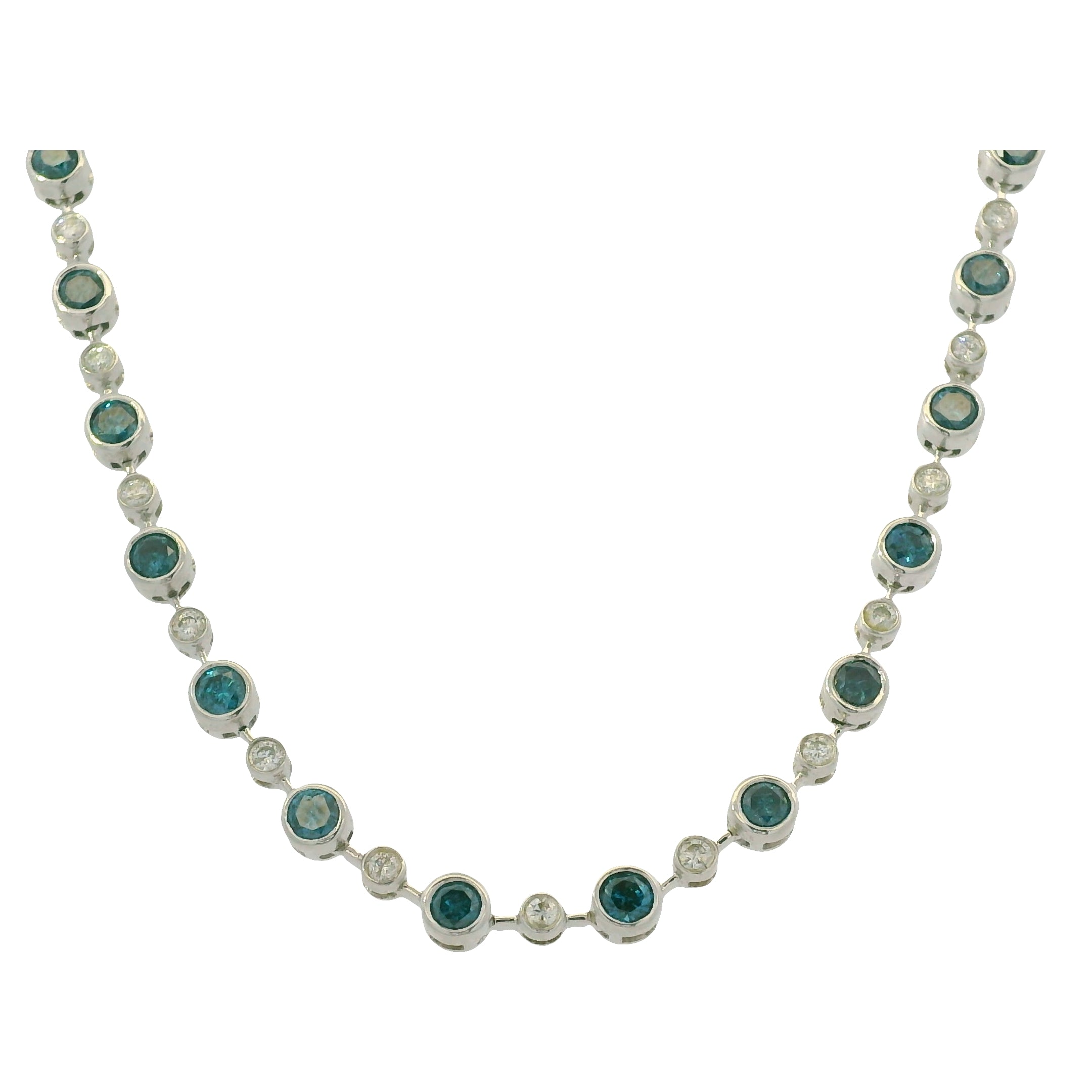 14K White Gold Natural 6.98 Carats Blue Irradiated & White Diamond Necklace