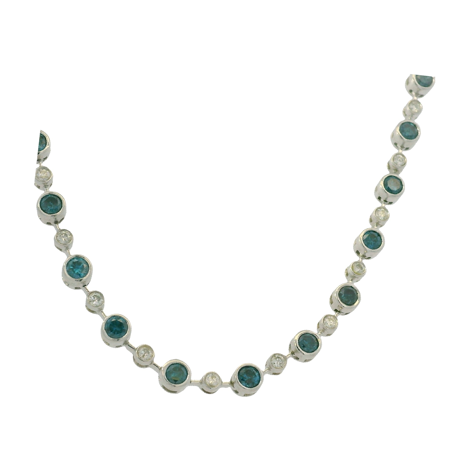 14K White Gold Natural 6.98 Carats Blue Irradiated & White Diamond Necklace