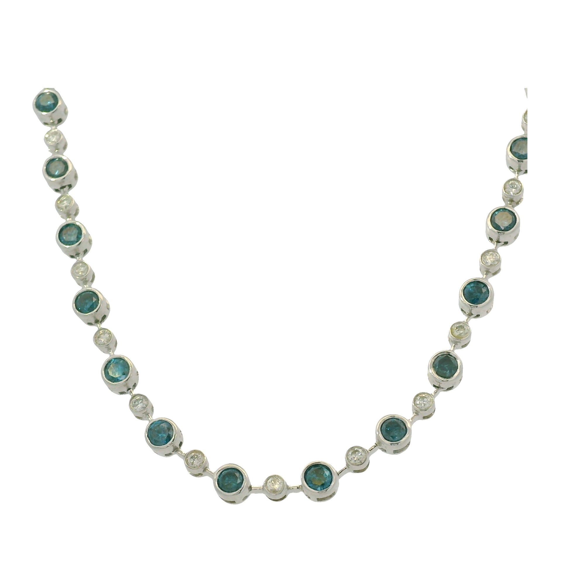 14K White Gold Natural 6.98 Carats Blue Irradiated & White Diamond Necklace
