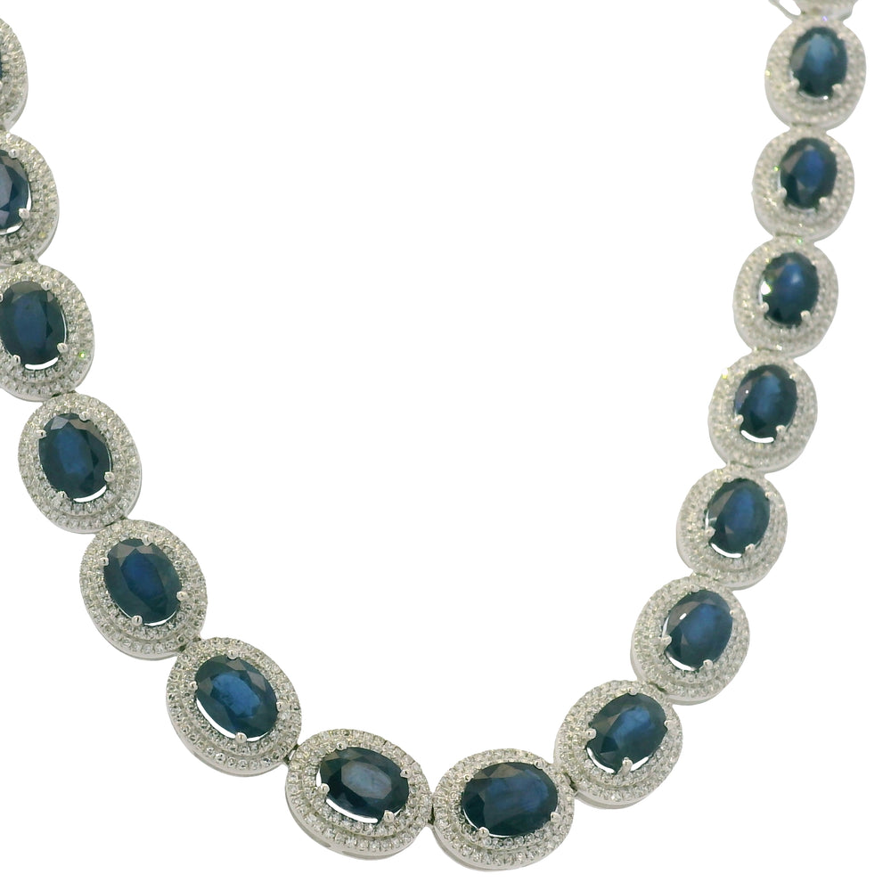 14K White Gold Natural Sapphire & Diamond Station Fashion Necklace