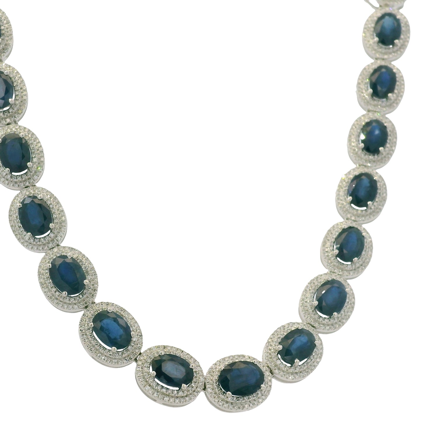 14K White Gold Natural Sapphire & Diamond Station Fashion Necklace