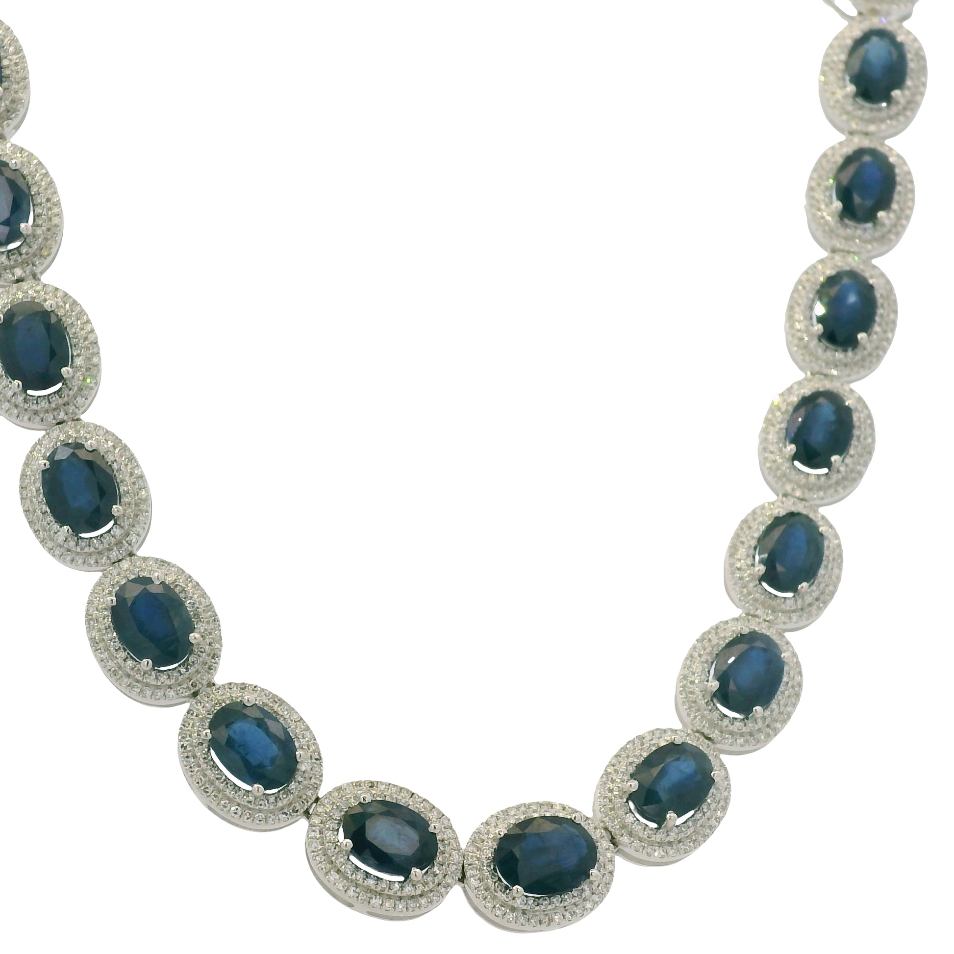 14K White Gold Natural Sapphire & Diamond Station Fashion Necklace