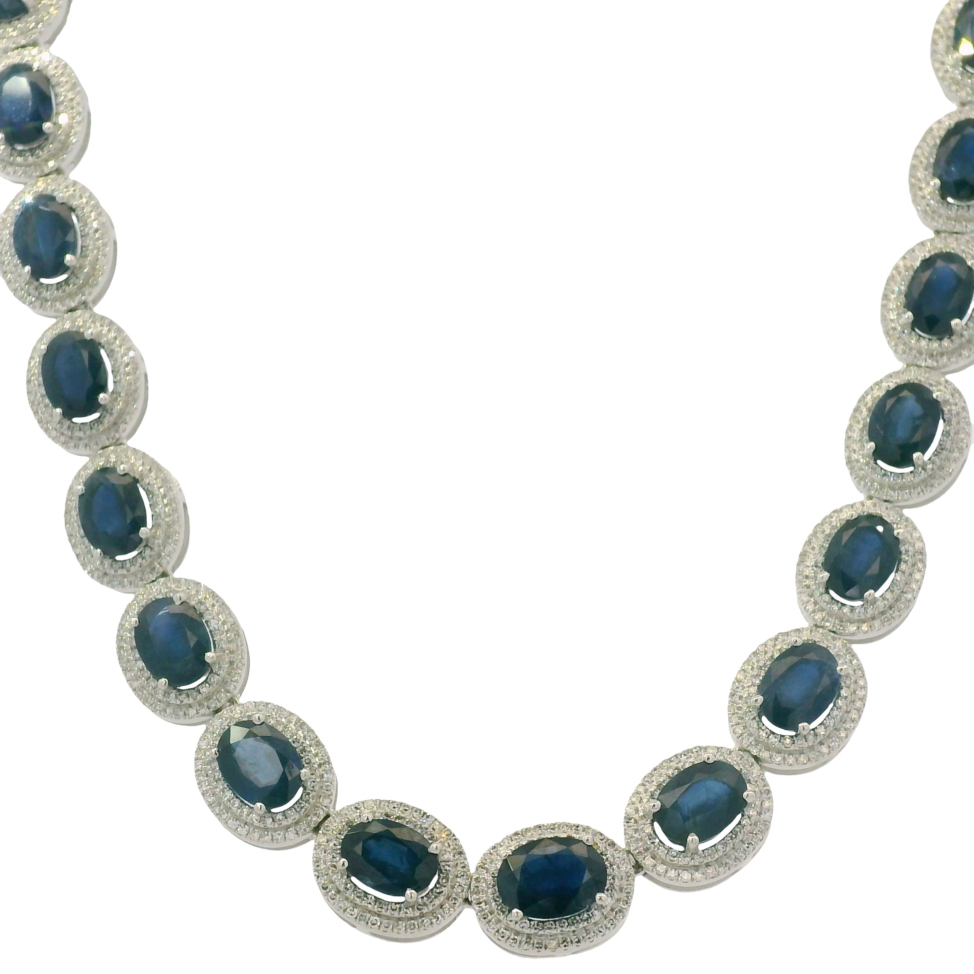 14K White Gold Natural Sapphire & Diamond Station Fashion Necklace