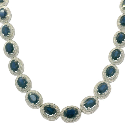 14K White Gold Natural Sapphire & Diamond Station Fashion Necklace