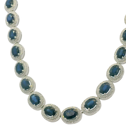 14K White Gold Natural Sapphire & Diamond Station Fashion Necklace