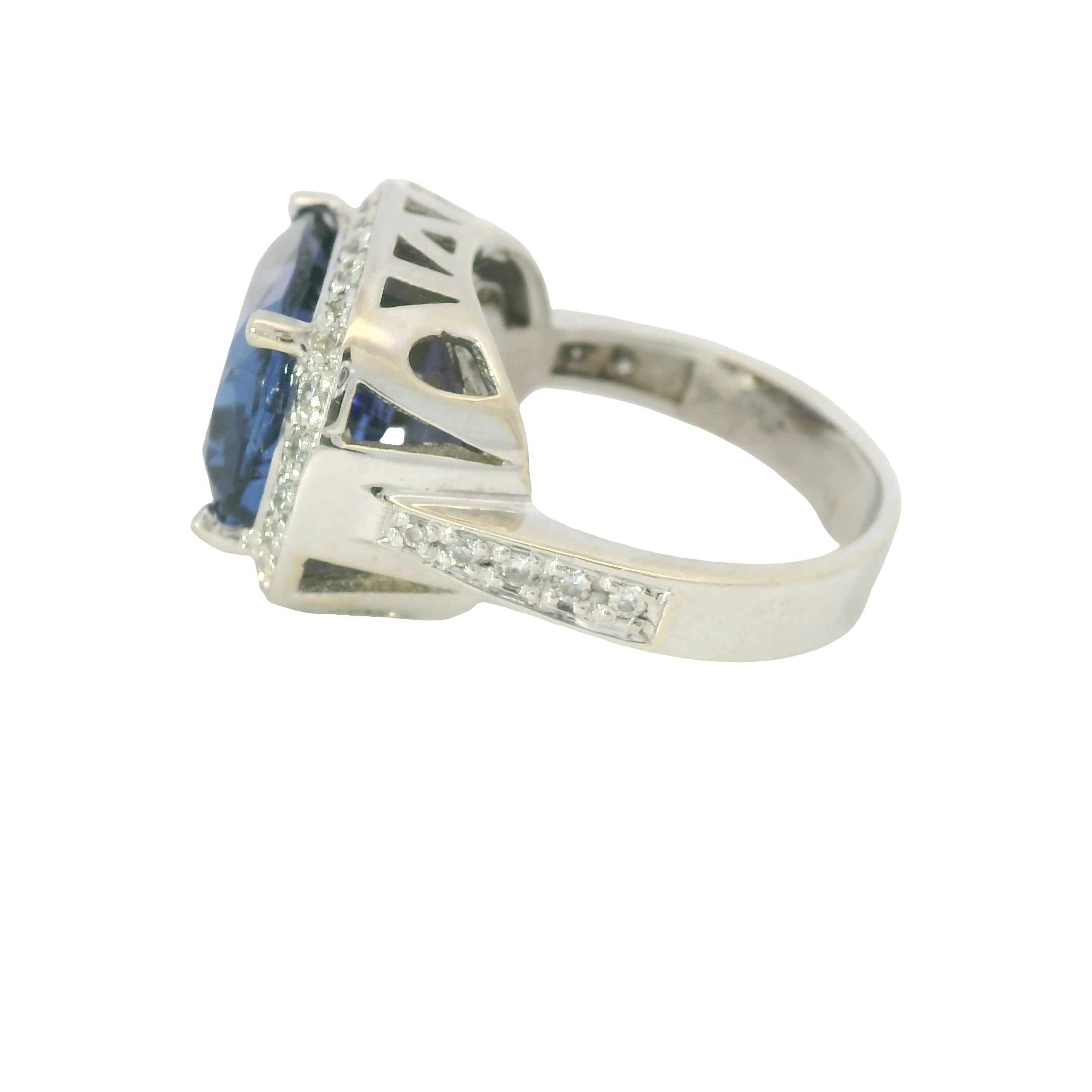 18K White Gold East/West Set Tanzanite & Diamond Halo Ring