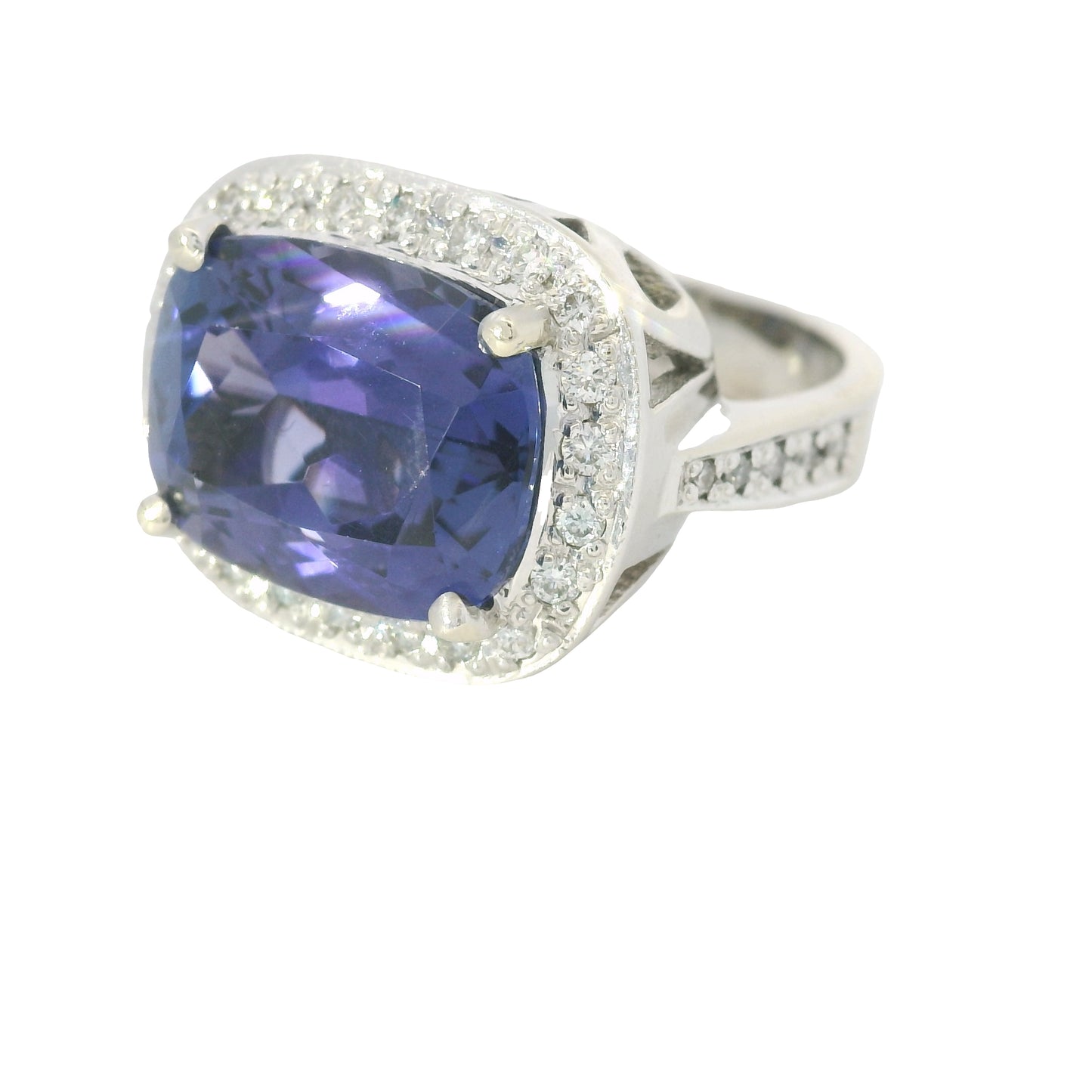 18K White Gold East/West Set Tanzanite & Diamond Halo Ring