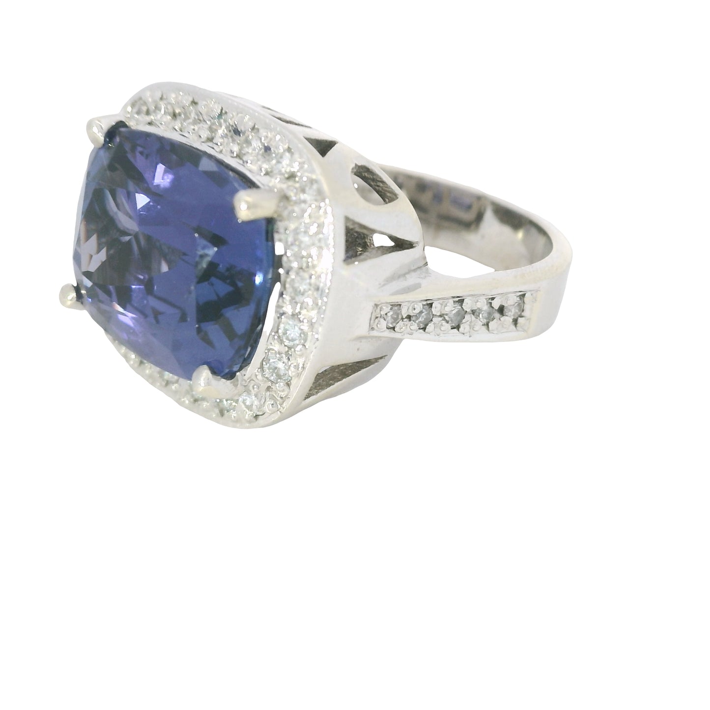 18K White Gold East/West Set Tanzanite & Diamond Halo Ring