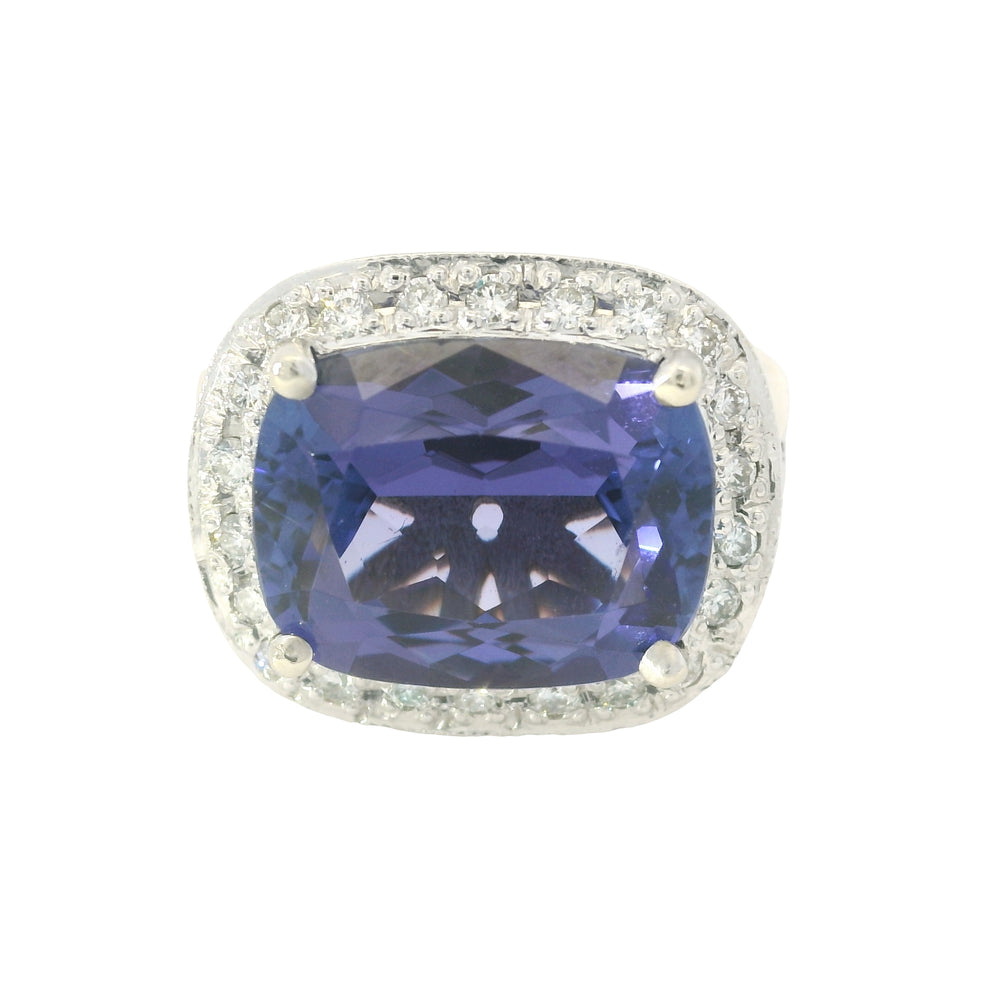 18K White Gold East/West Set Tanzanite & Diamond Halo Ring — product photo 1