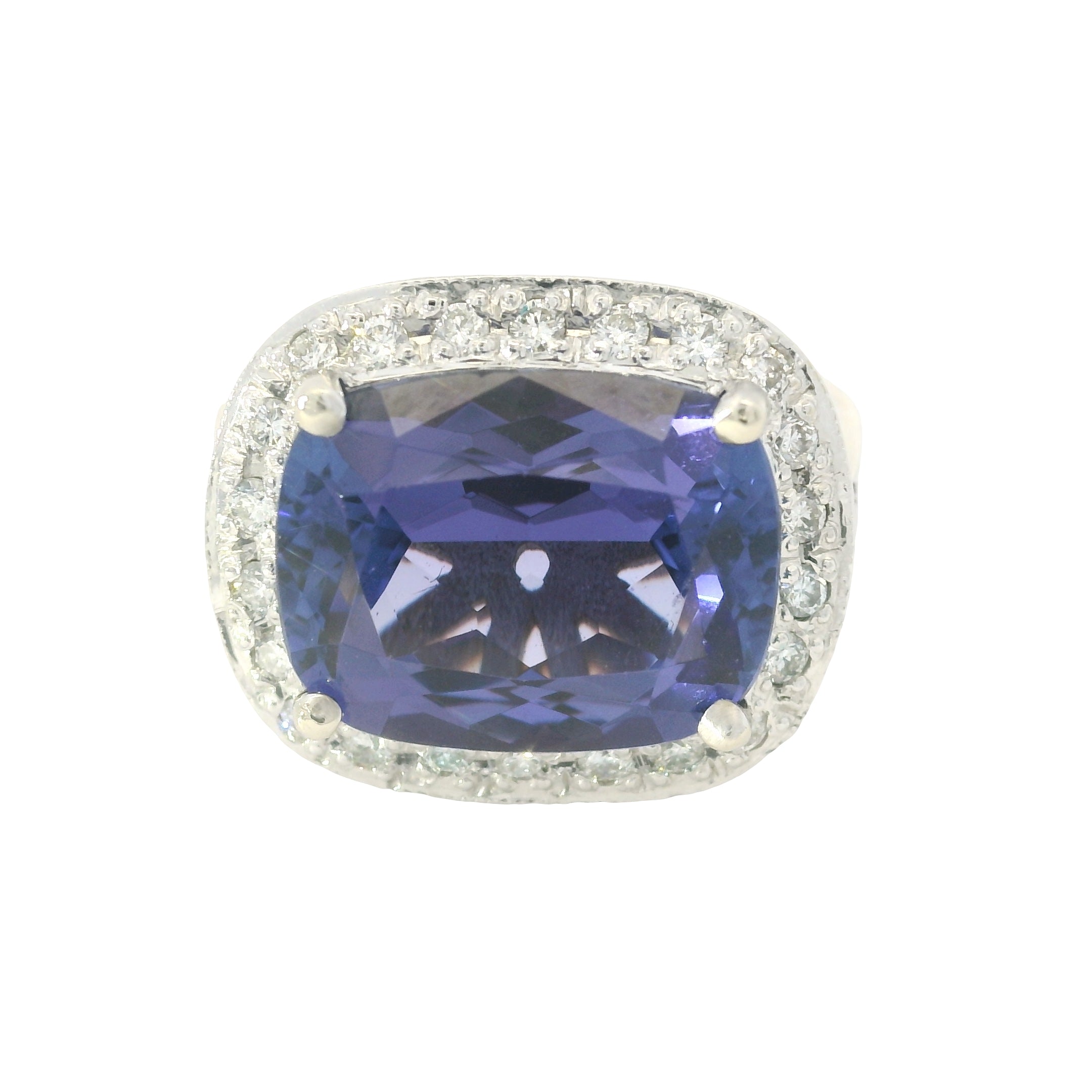 18K White Gold East/West Set Tanzanite & Diamond Halo Ring