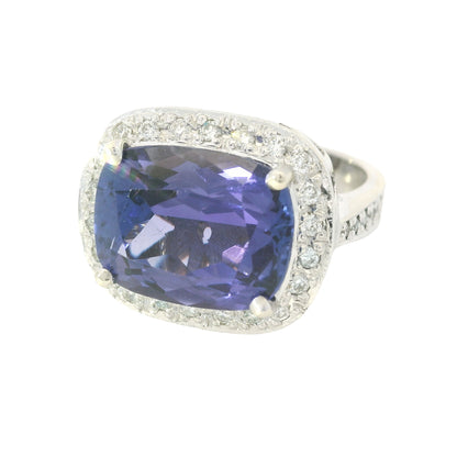 18K White Gold East/West Set Tanzanite & Diamond Halo Ring
