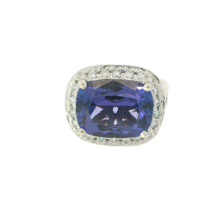 18K White Gold East/West Set Tanzanite & Diamond Halo Ring
