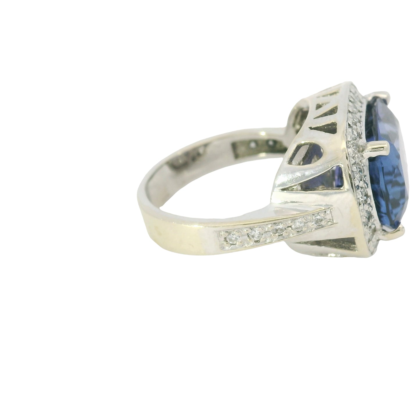 18K White Gold East/West Set Tanzanite & Diamond Halo Ring
