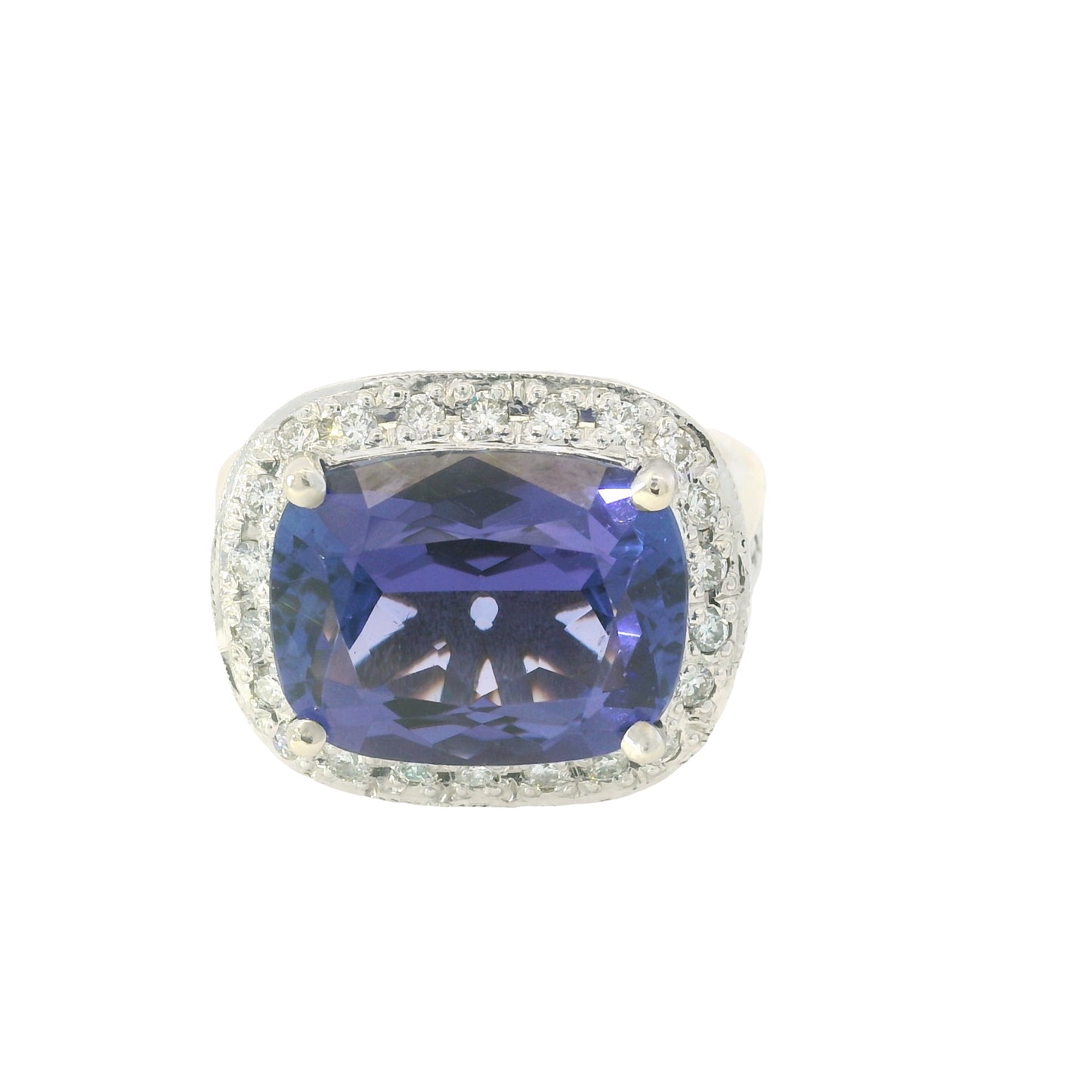 18K White Gold East/West Set Tanzanite & Diamond Halo Ring