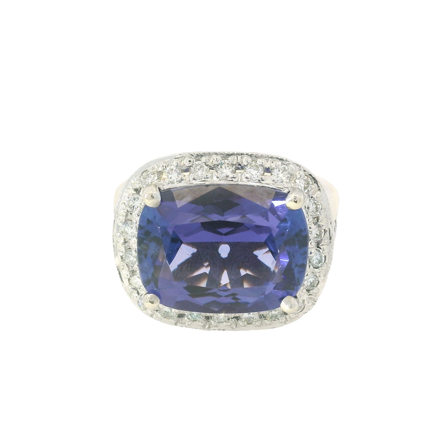 18K White Gold East/West Set Tanzanite & Diamond Halo Ring